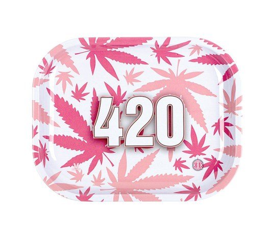 420 White Pink Leaves Metal Rolling Tray Small