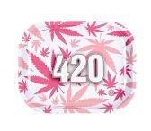 420 White Pink Leaves Metal Rolling Tray Small